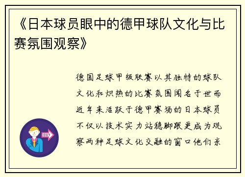 《日本球员眼中的德甲球队文化与比赛氛围观察》