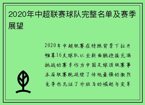 2020年中超联赛球队完整名单及赛季展望