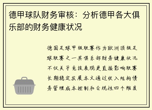 德甲球队财务审核：分析德甲各大俱乐部的财务健康状况