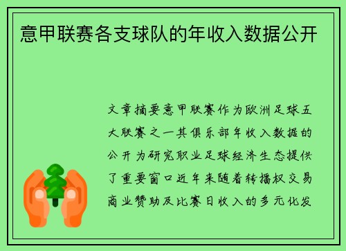 意甲联赛各支球队的年收入数据公开
